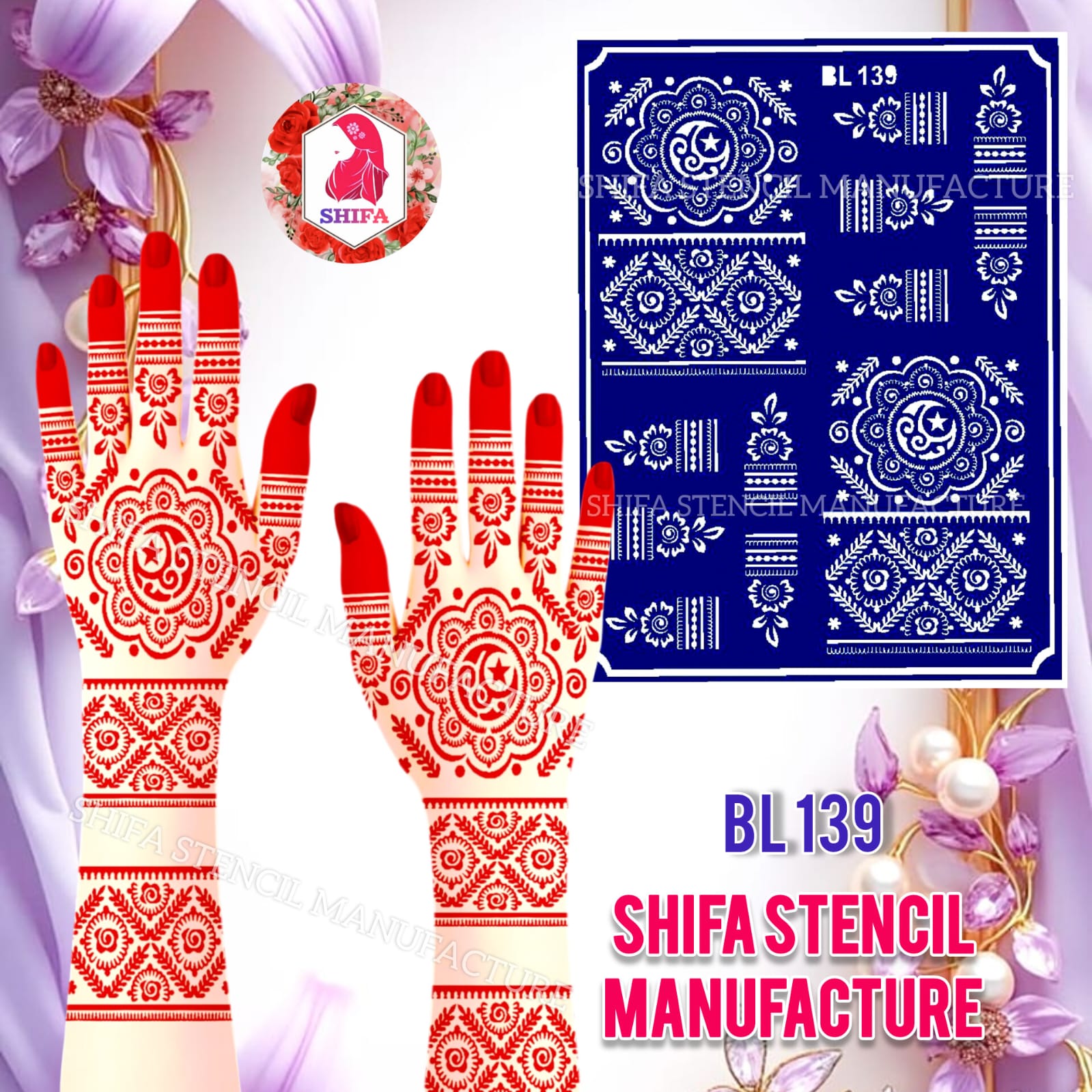 BL139 Mooncrest Floral Empress Double Hand Henna Stencil - Shifa Stencil